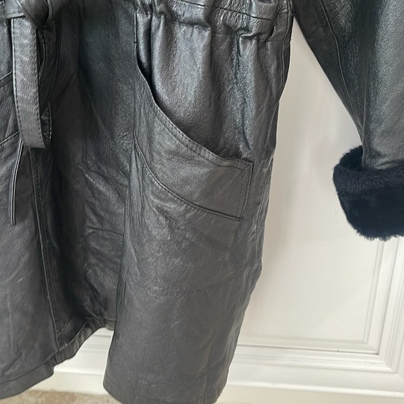 Vintage Jacqueline Ferrar black Leather Faux Fur Hooded Hood belted coat size XL - Picture 7 of 17